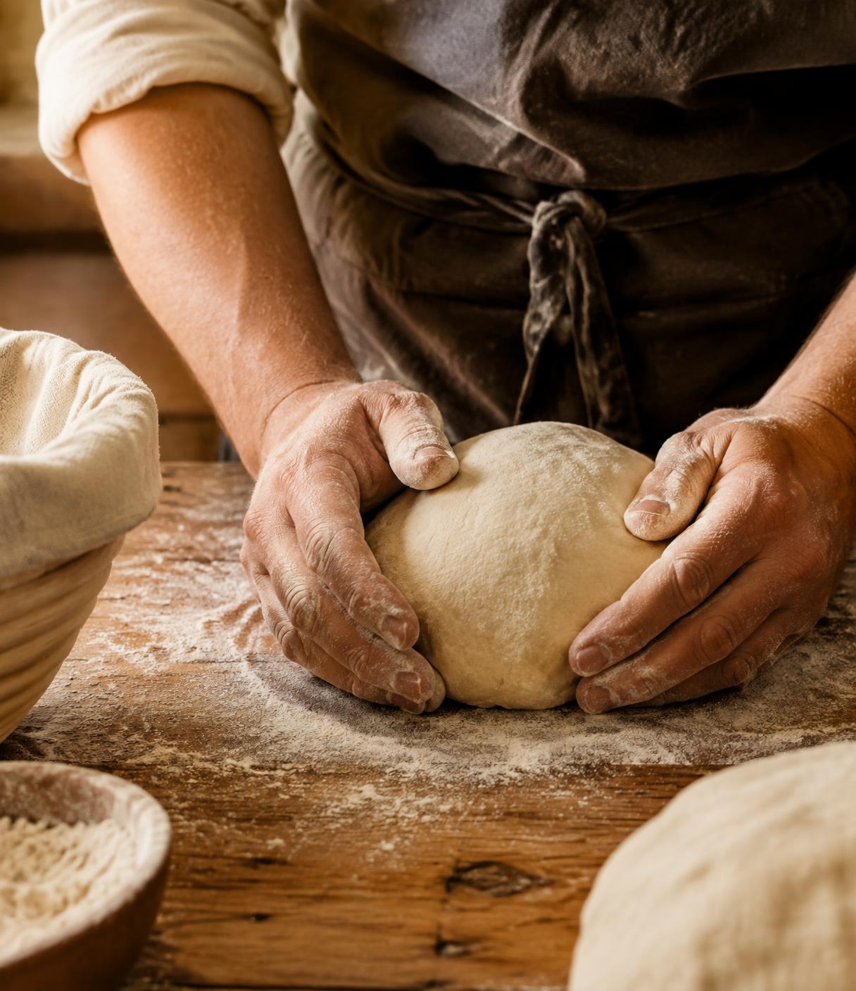 Handen van een bakker die deeg vormen op een met bloem bestoven tafel