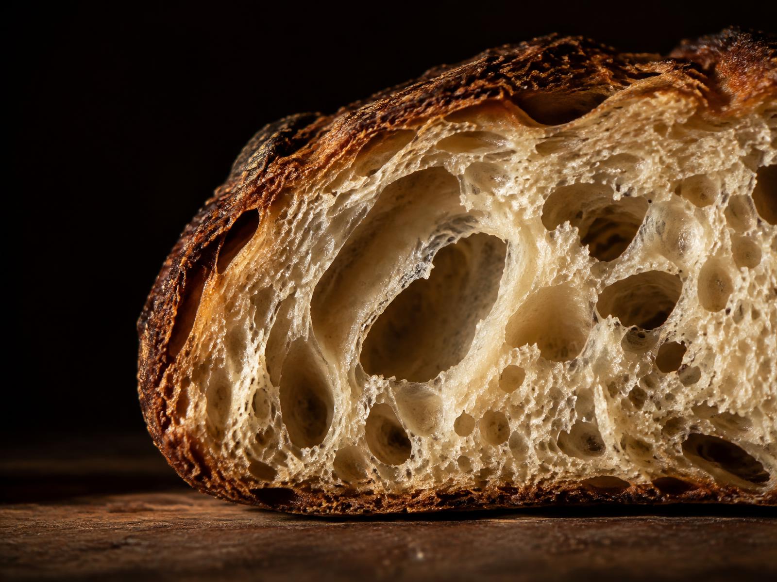 Close-up van de kruim en korst van een zuurdesembrood